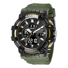 SMAEL 8079 Waterproof Military Watch - Quartz Dual Time Display Product Description: The SMAEL 8079 Military Sports Watch is engineered for those who live an active and adventurous lifestyle. Combining a rugged military design with functional versatility, this watch features a quartz movement with dual time display, perfect for daily use, workouts, and outdoor activities. Specifications Brand: SMAEL Model: 8079 Movement Type: Quartz + digital display Weight: 80g Case Diameter: 53mm Case Thickness: 20mm Waterproof Grade: 50 meters (5 ATM) Band Width: 22mm Key Features 1. Dual Time Display The analog and digital dual time display allows you to conveniently track multiple time zones at once, making this watch perfect for travelers or those with busy schedules. The luminous LED backlight ensur Waterproof Sports Watch, Mens Sport Watches, Green Mirrors, Military Army, Sports Watch, Sport Watches, Barbados, Haiti, Alarm Clock