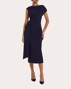 Safiyaa Regina Drape Midi Dress | OLIVELA Crepe Dress Casual, Lawyer Dress, Corporate Dresses, Corporate Gowns, Crepe Dresses, Corporate Dress, Drape Top, Sleeve Silhouette, Ladylike Style