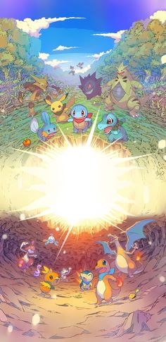 the pokemon movie poster is shown with many different types of characters in it, including an image