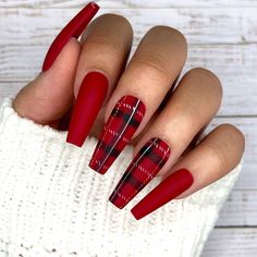 Red Acrylic Nails With Accent Nail, Matte Plaid Nails, Christmas Ribbon Nail Art, Red N Silver Nails, Red Buffalo Plaid Nails, Coffin Gel Nails Winter, Edgy New Years Nails, Christmas Nail Designs Matte, Winter Nail Ideas Coffin