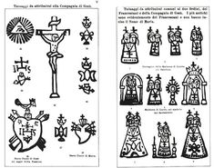 an open book with different symbols and designs on the pages, including two pictures of people