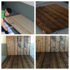 three pictures showing how to make a pallet table with wood planks on top