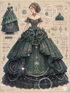 Royale Outfits Ideas, Green Royal Dress, Queen Dress Drawing, Villain Dresses, Rococo Dress, Dress Design Drawing, Stickers Aesthetic, Old Fashion Dresses