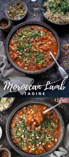 mexican lamb tagine in a bowl with rice and herbs on the side, next to other dishes