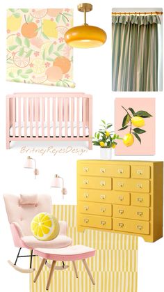 a yellow and pink nursery room with lemon accents