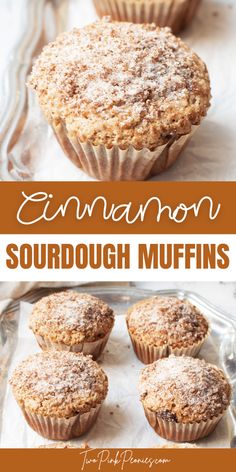 cinnamon sourdough muffins on a baking sheet with the title above it