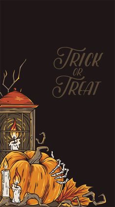 a halloween card with candles, pumpkins and a birdcage on it that says trick or treat