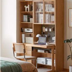 a bedroom with a bed, desk and bookcase