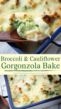 broccoli and cauliflower gorgonzoola bake in a casserole dish