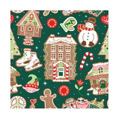 a green christmas background with gingerbread houses and candy canes