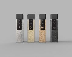 three different types of salt and pepper shakers on a gray background, each with their own logo