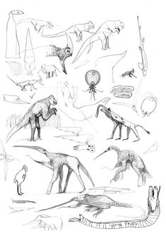 an image of dinosaurs and other animals that are in the same drawing style as each one