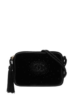 Black velvet/leather 1990s CC rhinestone-embellished crossbody bag from Chanel Pre-Owned featuring signature interlocking CC logo, rhinestone embellishment, tassel detail, single shoulder strap, top zip fastening, main compartment, internal zip-fastening pocket, internal logo stamp, gold-tone hardware, circa 1990s and Serial Number: 1869276. This item comes with an original Chanel authenticity card.. Condition: GOOD. This previously owned and used item is in good condition with minimal signs of Vintage Chanel Bag, Crossbody Bag Black, Quilted Handbags, Shopping Chanel, Chanel Model, Tassel Bag, Velvet Fashion, Velvet Bag, Cc Logo