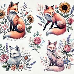 four different designs of foxes and flowers