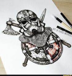 a drawing of a skull with two axes and a helmet on it's head