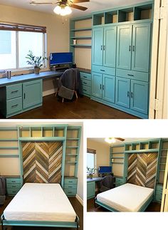 two pictures of a bedroom with built in bookshelves