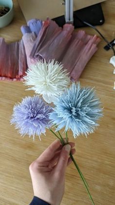 a person is holding three flowers in their hand while they are sitting on the table