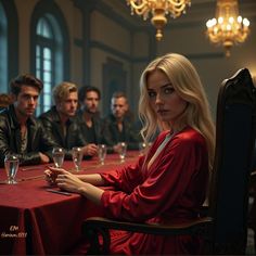 a group of people sitting at a table with wine glasses on it and one woman in red