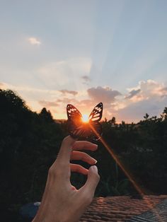 a person holding up a butterfly in front of the sun with their hand and fingers