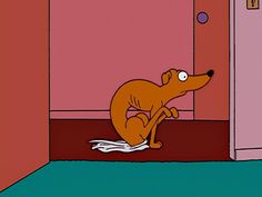 a cartoon dog sitting on the floor in front of a door