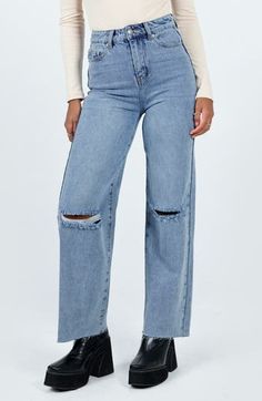 Made partially with organic cotton, these classic-fit straight-leg jeans feature ripped knees and raw hems for casual-cool, vintage-inspired style. 29 1/2" inseam; 20" leg opening; 13" front rise; 15 1/2" back rise (size 8) Zip fly with button closure Five-pocket style 50% organic cotton, 50% recycled cotton Machine wash, line dry Imported Casual Straight Ripped Jeans, Trendy Distressed Straight Jeans, Trendy Straight Distressed Jeans, Mid-rise Ripped Cotton Jeans, Ripped Mid-rise Cotton Jeans, Spring Distressed Straight Jeans, Trendy Distressed Straight Bottoms, Trendy Straight Distressed Bottoms, Straight Jeans With Frayed Hem In Cotton