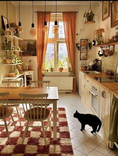 a black cat standing in the middle of a kitchen next to a table and chairs