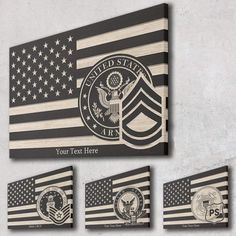 an american flag with three different designs on it