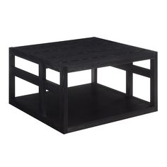 a black coffee table with two shelves on each side