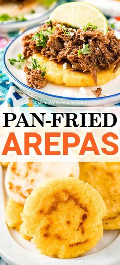 two plates with food on them and the words, pan fried arepass