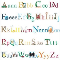 the letters are made up of different colors and font styles, including one for each letter