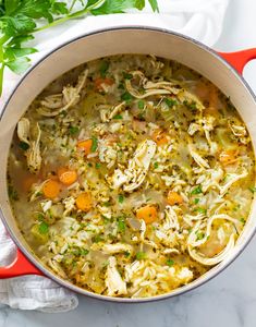 a pot filled with chicken noodle soup on top of a white marble countertop