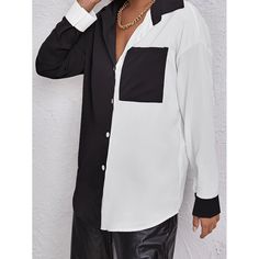 This chic top shapes by lightweight woven fabric with a collared neckline, long sleeves with buttoning cuffs, and a relaxed bodice with a patch pocket, ends in a rounded hem. Contrast Stitch Top, Long Sleeve Chiffon Shirt, Oversized Long Sleeve Shirt, Color Block Shirts, Patchwork Top, Top Shirt Women, Color Block Top, Chiffon Long Sleeve, Matches Fashion