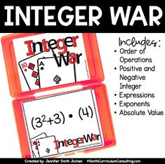 Each year working with integers proves to be a difficult concept for many students. Pairing an interactive game that students know how to play (like War) with a way of competing to evaluate expressions with integers using all operations (including exponents, negative numbers, and absolute value) will prove to be a FUN activity in your classroom!Integer War includes:Table of ContentsStudent Directions (in color)48 Integer War Cards (in color)Student Directions (in black and white)48 Integer War C Order Of Operations Games, Negative Integers, Operation Game, Negative Numbers, Absolute Value, Order Of Operations, Math Game, Interactive Game, Title Card