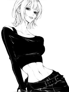 a black and white drawing of a woman with short hair, wearing leather pants and a crop top