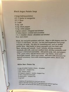 a recipe for black angus potato soup on a white board with instructions to make it