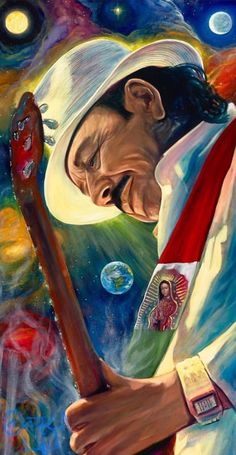 a painting of a man holding a baseball bat in his right hand and looking up at the sky