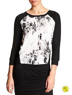 Factory Long-Sleeve Tee | Banana Republic $35.99 Fitted Raglan Sleeve Tops For Summer, Spring Graphic Print Stretch Blouse, Spring Stretch Blouse With Graphic Print, Stretch Graphic Print Tops For Day Out, Casual Fitted Raglan Sleeve Tops, Chic Graphic Print Tops, Casual Fitted Top With Raglan Sleeves, Casual Fitted Tops With Raglan Sleeves, Summer Stretch Raglan Sleeve Tops