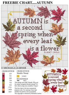 an autumn cross stitch pattern with the words, autumn is second spring when every leaf is a flower