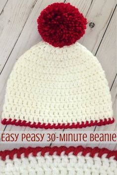 a crocheted hat with a red pom - pom on it and the words easy peasy 30 minute beanie