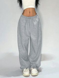 Plus Size Solid Color Numeric Print Casual Sweatpants, Baggy Pants, For Thanksgiving Grey    Knitted Fabric Letter Wide Leg Slight Stretch  Women Plus Clothing, size features are:Bust: ,Length: ,Sleeve Length: Oversized Sweatpants, Estilo Harajuku, Sweatpants Women, Gray Sweatpants, Baggy Streetwear, Oversized Pants, Mid Waist Pants, Women Cargo Pants, Wide Leg Sweatpants