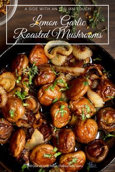 a pan filled with cooked mushrooms on top of a wooden table next to other dishes