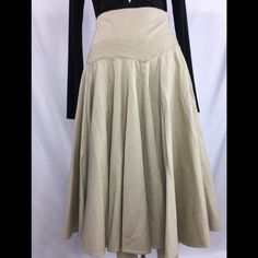 Preowned Unworn. Khaki Color Cotton Skirt. Has Stretch. Cinched Waist Flare Skirt. Fitted Beige Maxi Skirt For Daywear, Fitted Pleated Beige Maxi Skirt, Fitted Pleated Skirt For Spring Daywear, Fitted Beige Pleated Midi Skirt, Fitted Full Beige Pleated Skirt, Fitted Lined Bottoms For Daywear, Beige A-line Fitted Maxi Skirt, Beige Fitted Full Maxi Skirt, Lined Skirt Bottoms For Spring