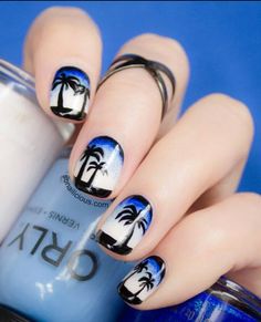 Palm trees Beach Nail Art Designs, Nail Art Blue, Tropical Nail Designs, Beach Nail Art, Hot Nail Designs, Beach Nail Designs, Summer Acrylic, Gold Nail Designs