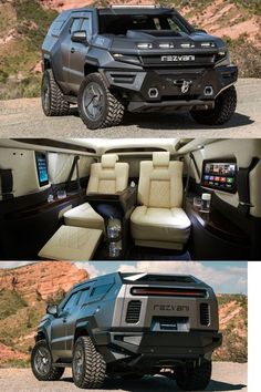 four different views of the interior and exterior of a vehicle