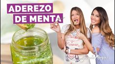 two women standing in front of a jar filled with green liquid and the words adrezo de menta