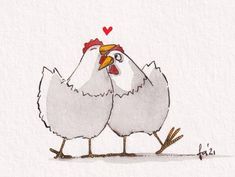 two chickens standing next to each other on top of a white surface with a heart in the background