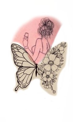 a drawing of a woman sitting on top of a butterfly with flowers in her lap