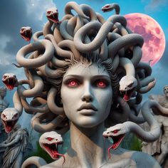 a woman with many snakes on her head and red eyes in front of a full moon