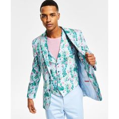 Bring a fresh feel to your refined look with the bold floral-print pattern featured on this attention-grabbing suit jacket from Bar III.| Slim fit through the shoulders| chest and waist with higher armholes and slimmer sleeves| Jacket sizing is indicated by a number and a letter; Number refers to chest size| Letter ref Floral Print Suit, Blue Sport Coat, Fitted Blazer Jacket, Mens Suit Vest, Mens Suit Jacket, Slim Fit Jackets, Slim Fit Blazers, Linen Suit, Slim Fit Suit