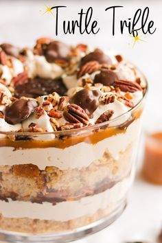 a trifle with pecans, nuts and chocolate in it